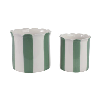 Sagebrook Home - Planters Set of 2 - Green/White Ceramic Striped, 6/8 in.