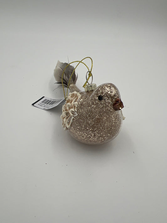 8.5" Gold Glittered Glass Bird Ornament w/Feather