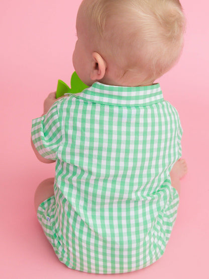 Baby Boys Classic Spring Green Gingham Short Button-Up Romper