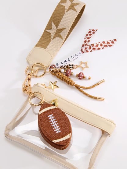 Spectator Clear Stadium Wristlet with Star Strap and Zip Pouch, shown in a styled setting