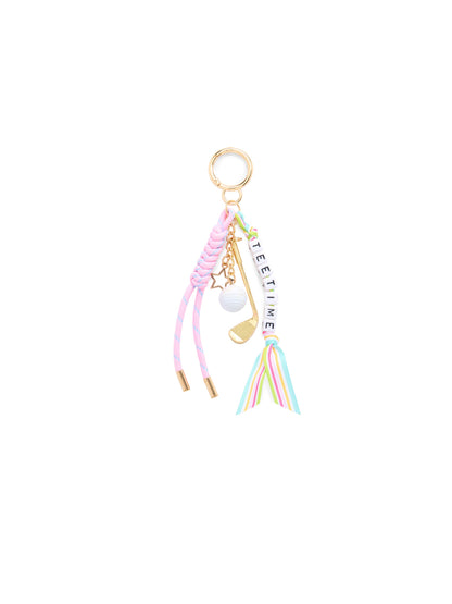 Tee Time Golf Bag Charm and Key Ring, Pink, A gold circle clasp holding braided pink cord, a gold golf club, a white golf ball and TEE TIME letter beads with a striped ribbon tail.