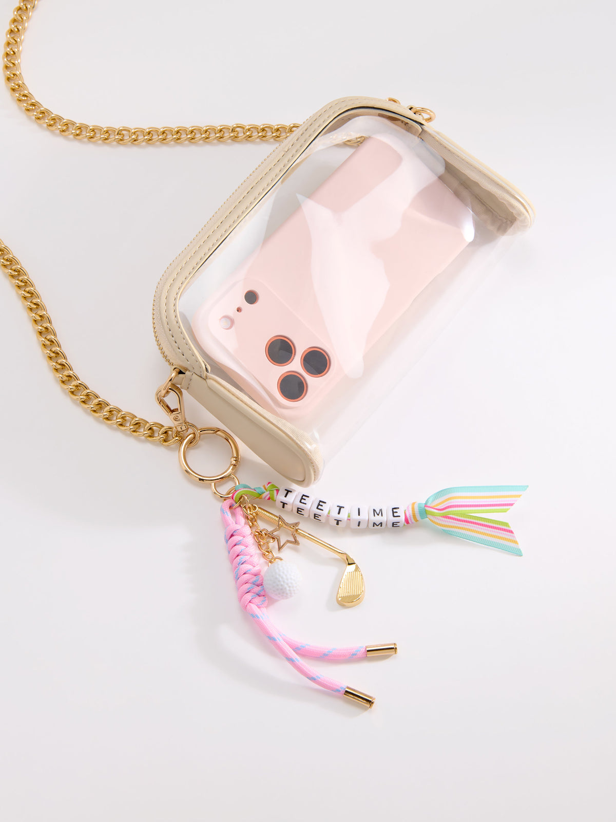 Tee Time Golf Bag Charm and Key Ring, Pink, shown in a styled setting