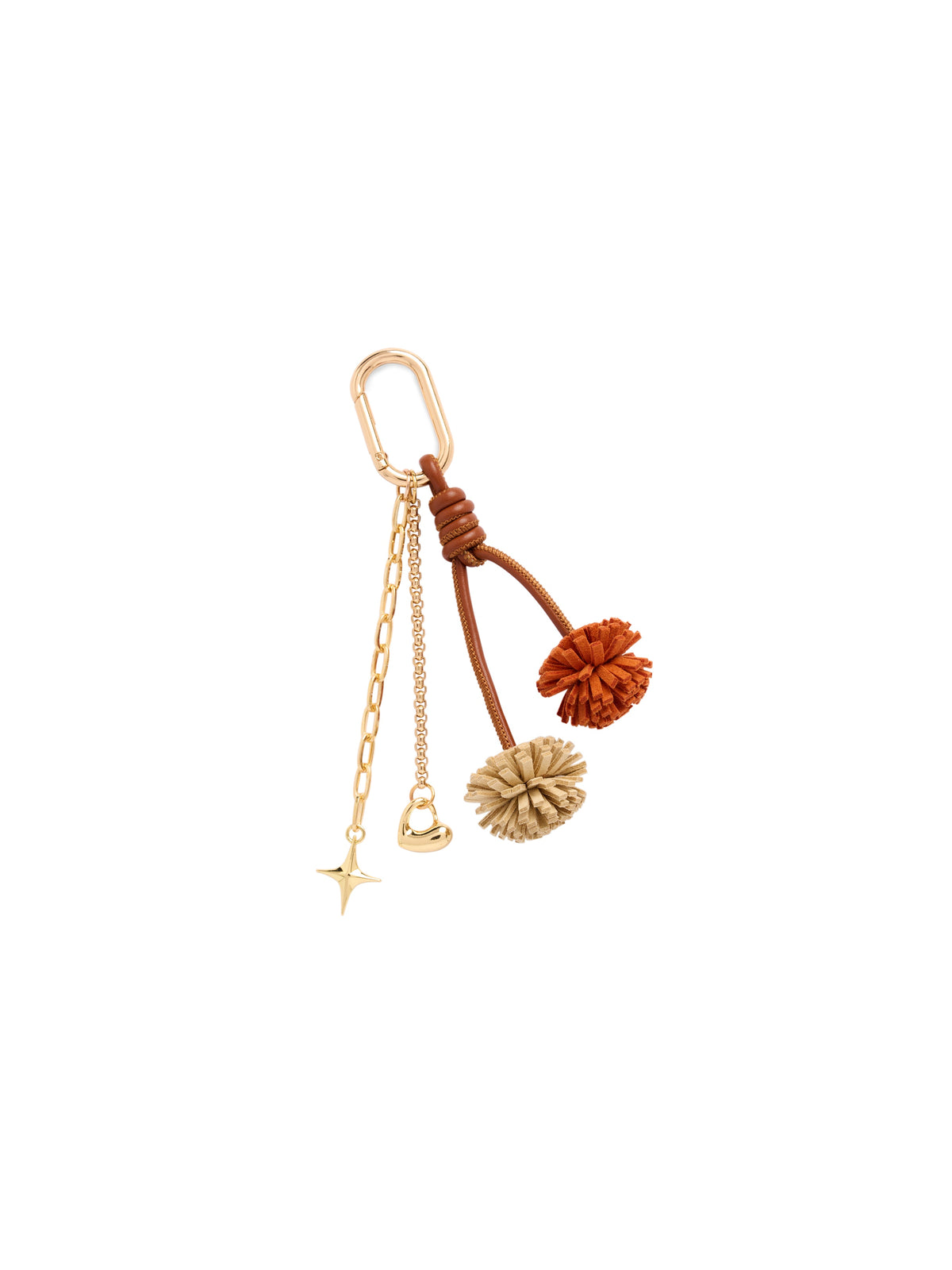 Pom Pom Bag Charm and Key Ring, Ivory, A gold oval clasp holding a brown cord loop with two fringed pom poms, one rust and one tan, and two gold chains with a star and a heart.