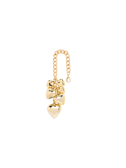 Hearts Bag Charm, Gold, A gold-tone curb chain with a clasp at one end and a cascading cluster of six shiny puffed hearts.