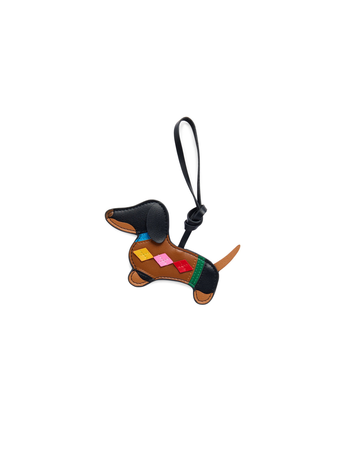 Dachshund Dog Bag Charm, Multi, A brown and black dachshund shaped charm with pink, yellow and red diamond patches and a black loop strap.