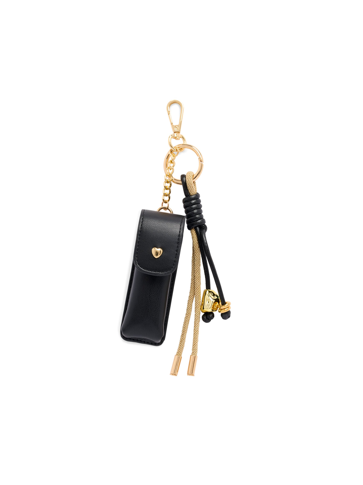 Lipstick Case Bag Charm and Key Ring, Black, A black faux leather mini pouch with a gold heart snap, hanging from a gold clasp and ring beside gold and black cord tassels.