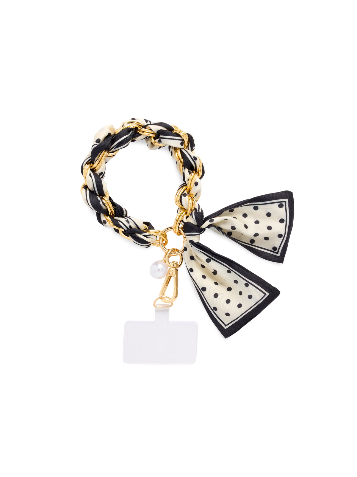 Phone Wristlet with Scarf Bow and Gold-Tone Chain, Black Dots