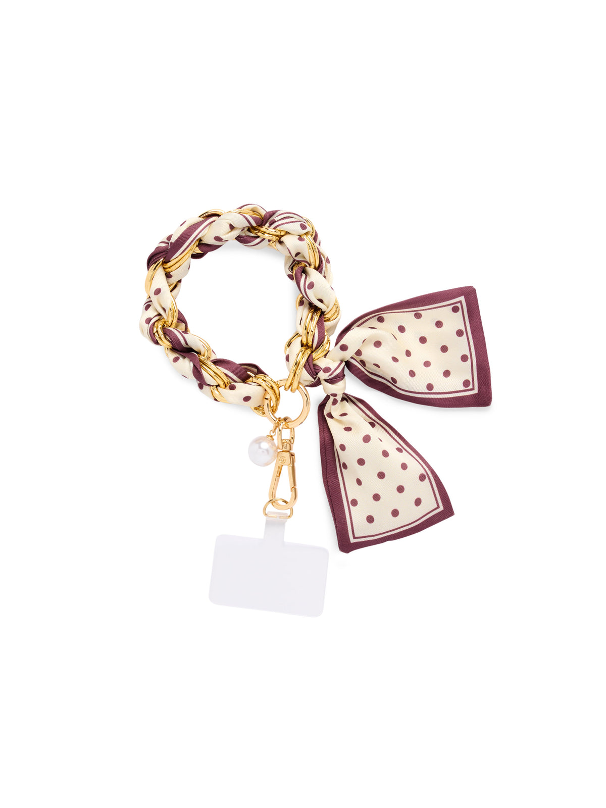 Phone Wristlet with Scarf Bow and Gold-Tone Chain, Brown Dots