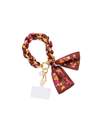 Phone Wristlet with Scarf Bow and Gold-Tone Chain, Brown Flower