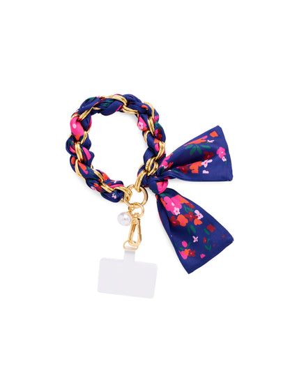 Phone Wristlet with Scarf Bow and Gold-Tone Chain, Navy Flower