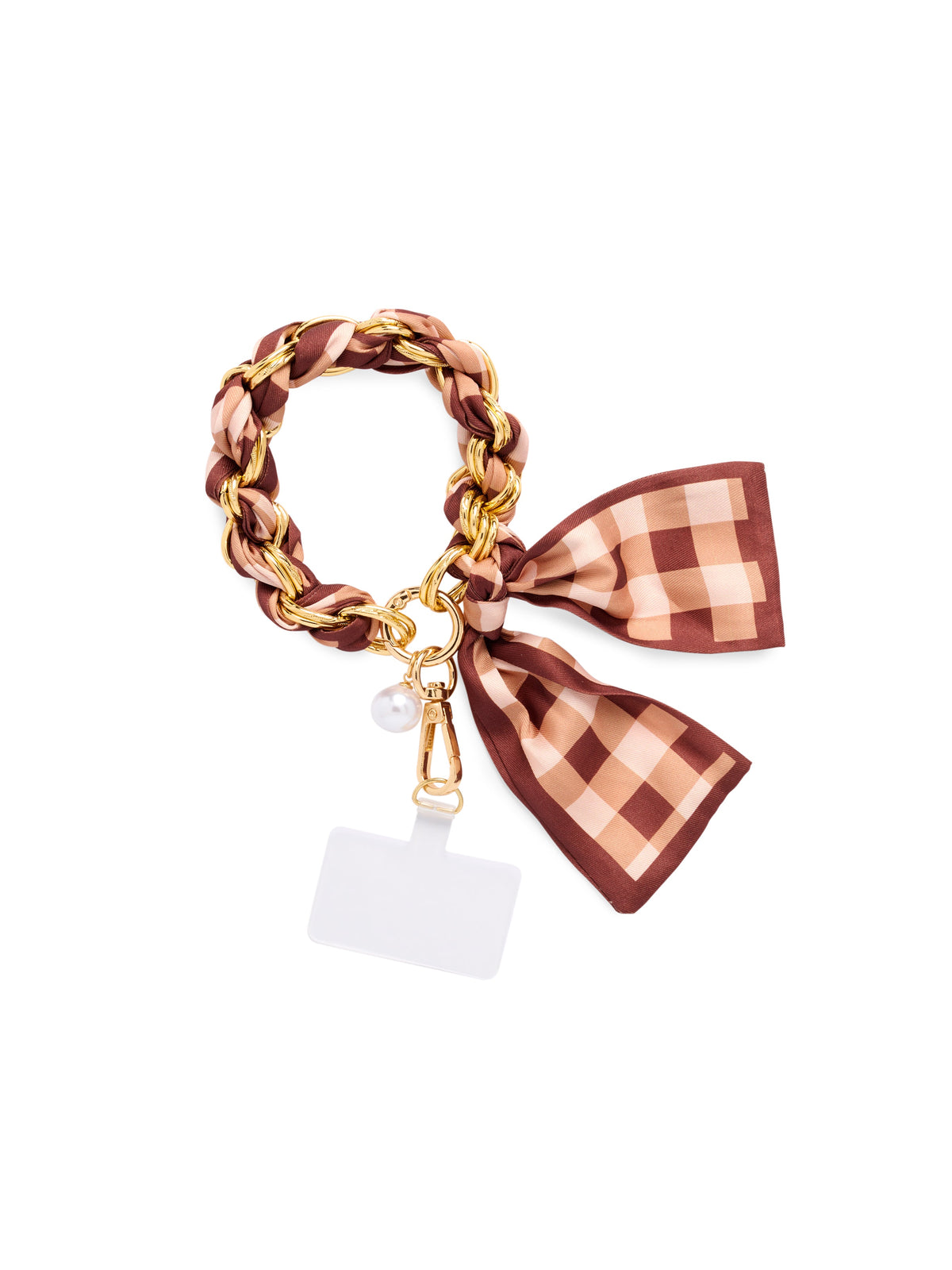 Phone Wristlet with Scarf Bow and Gold-Tone Chain, Brown Gingham