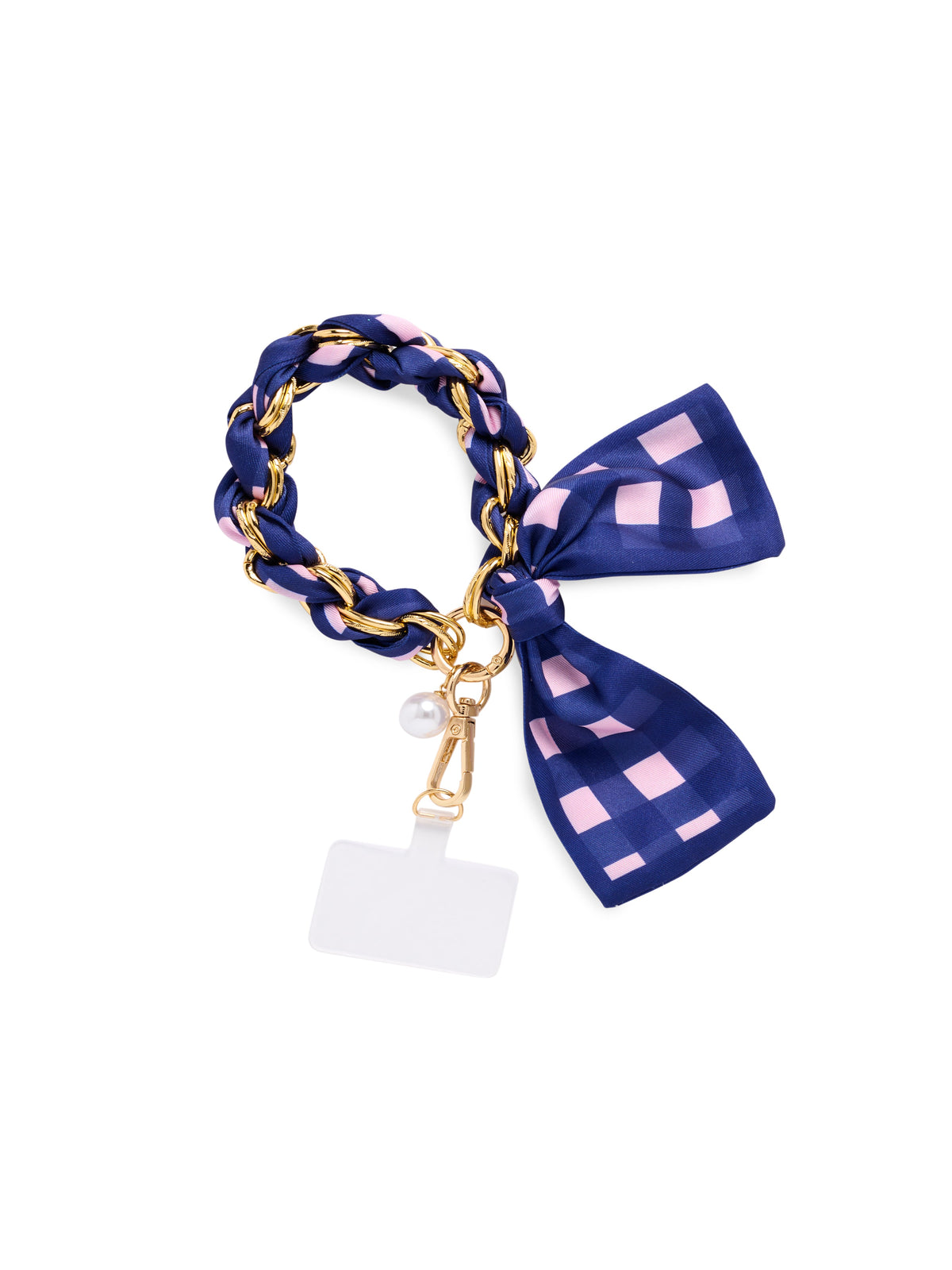 Phone Wristlet with Scarf Bow and Gold-Tone Chain, Navy Gingham