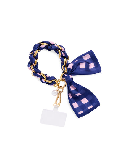 Phone Wristlet with Scarf Bow and Gold-Tone Chain, Navy Gingham