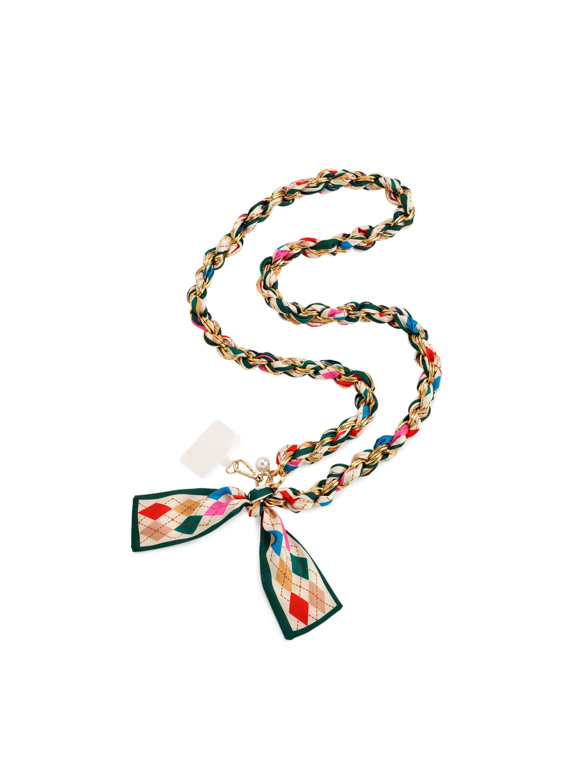 Cross-Body Phone Chain with Scarf Bow and Gold-Tone Chain, Argyle