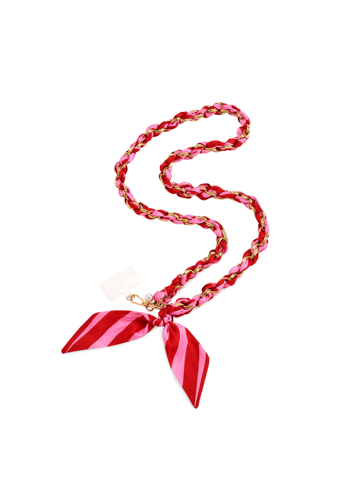 Cross-Body Phone Chain with Scarf Bow and Gold-Tone Chain, Pink Stripes