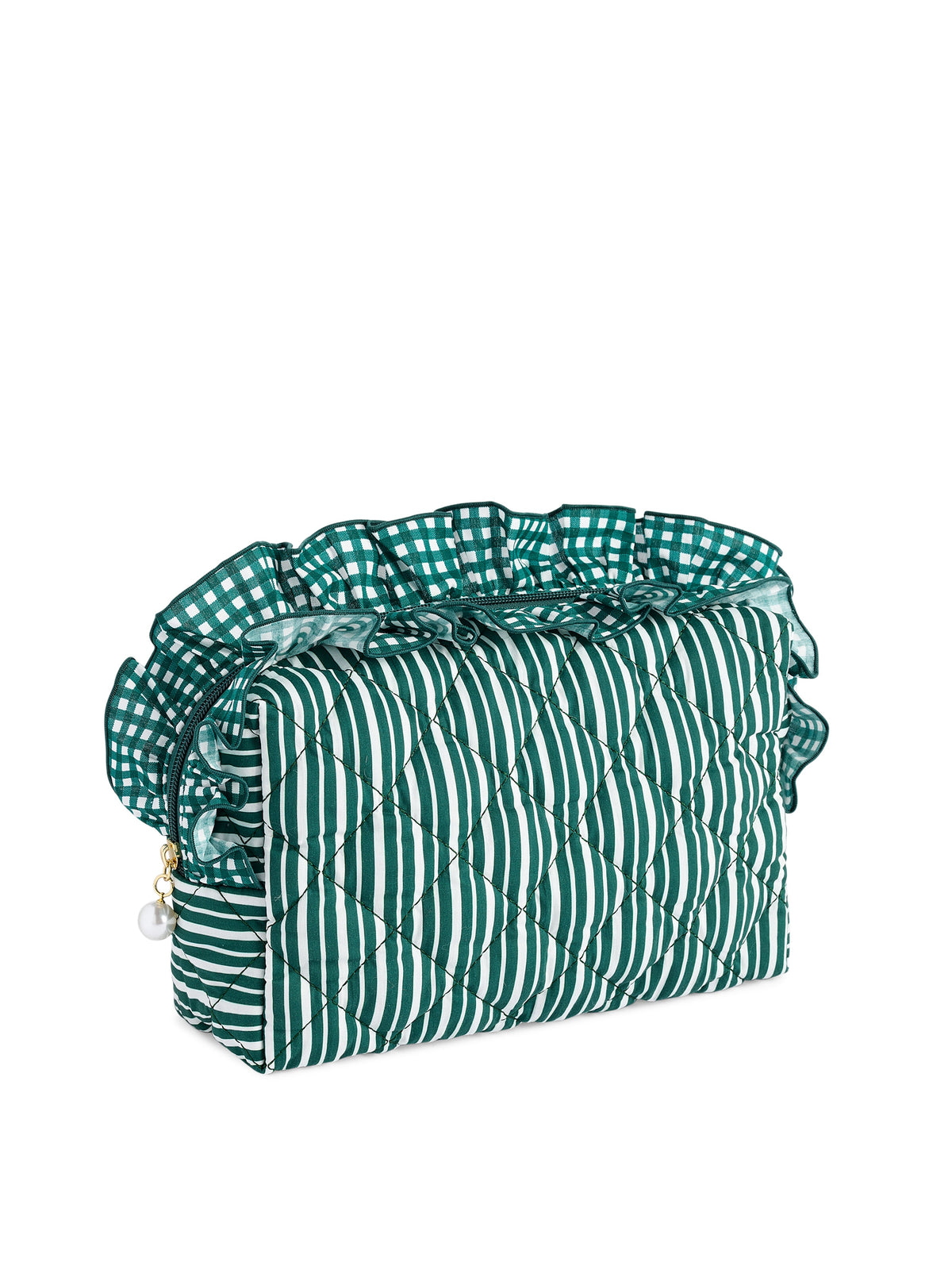 Lucy Large Quilted Zip Pouch with Gingham Ruffle, Green, A green and white striped quilted zip pouch with a green and white gingham ruffle along the top and a pearl on the zipper pull.