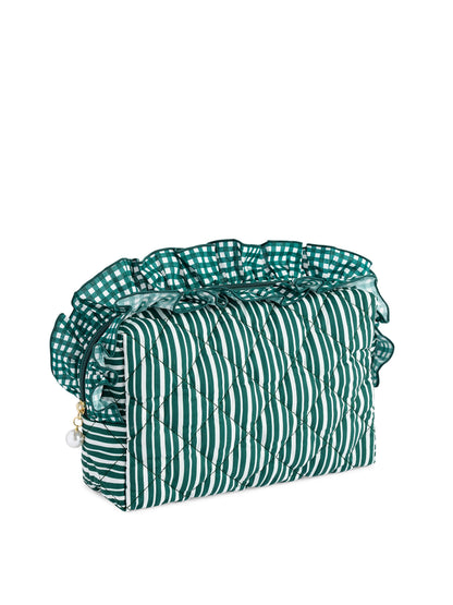 Lucy Large Quilted Zip Pouch with Gingham Ruffle, Green, A green and white striped quilted zip pouch with a green and white gingham ruffle along the top and a pearl on the zipper pull.