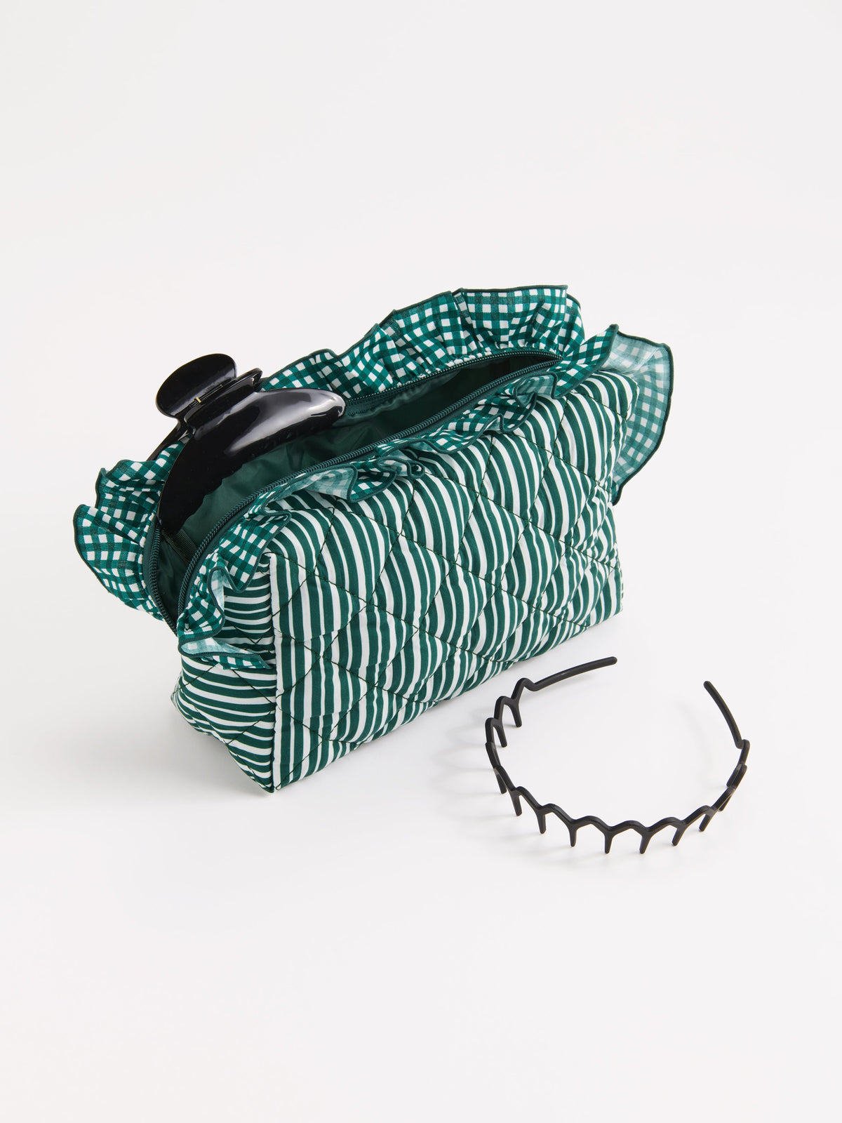 Lucy Large Quilted Zip Pouch with Gingham Ruffle, Green, shown in a styled setting