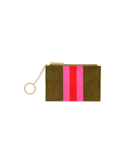 Milano Card Case and Key Ring with ID Window, Olive, A small olive green suede-like zip card case with a pink and red center stripe and a gold chain holding a key ring.