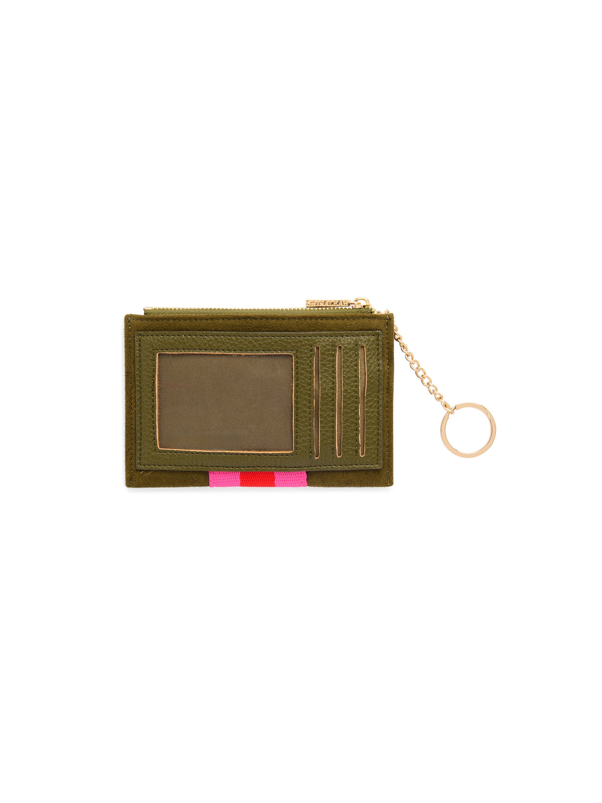 Milano Card Case and Key Ring with ID Window, Olive, A small olive green suede-like zip card case with a pink and red center stripe and a gold chain holding a key ring.