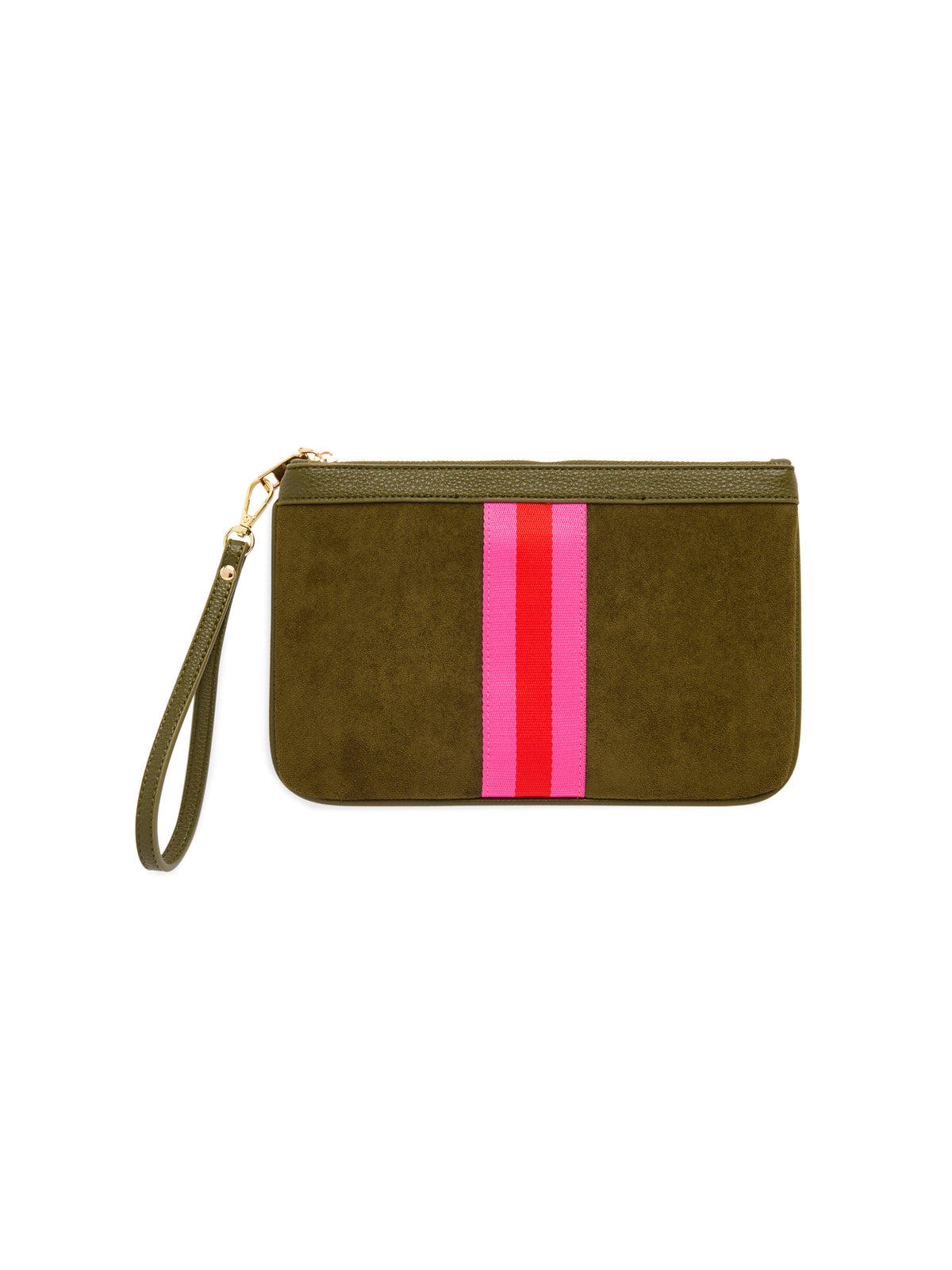 Milano Striped Suede-Like Wristlet, Olive, An olive green suede-like zip wristlet with a vertical pink and red stripe and a matching wrist strap with a gold clip.