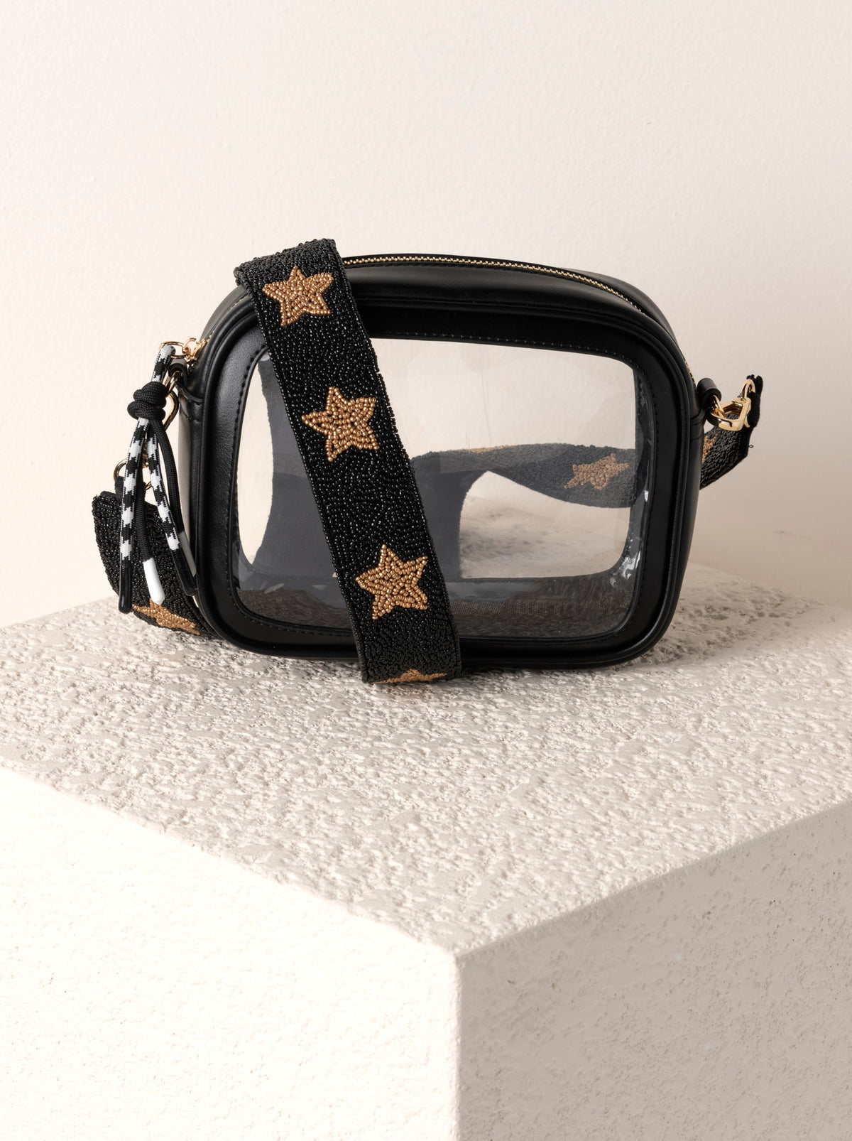 Stars Pattern Beaded Bag Strap, Black, shown in a styled setting
