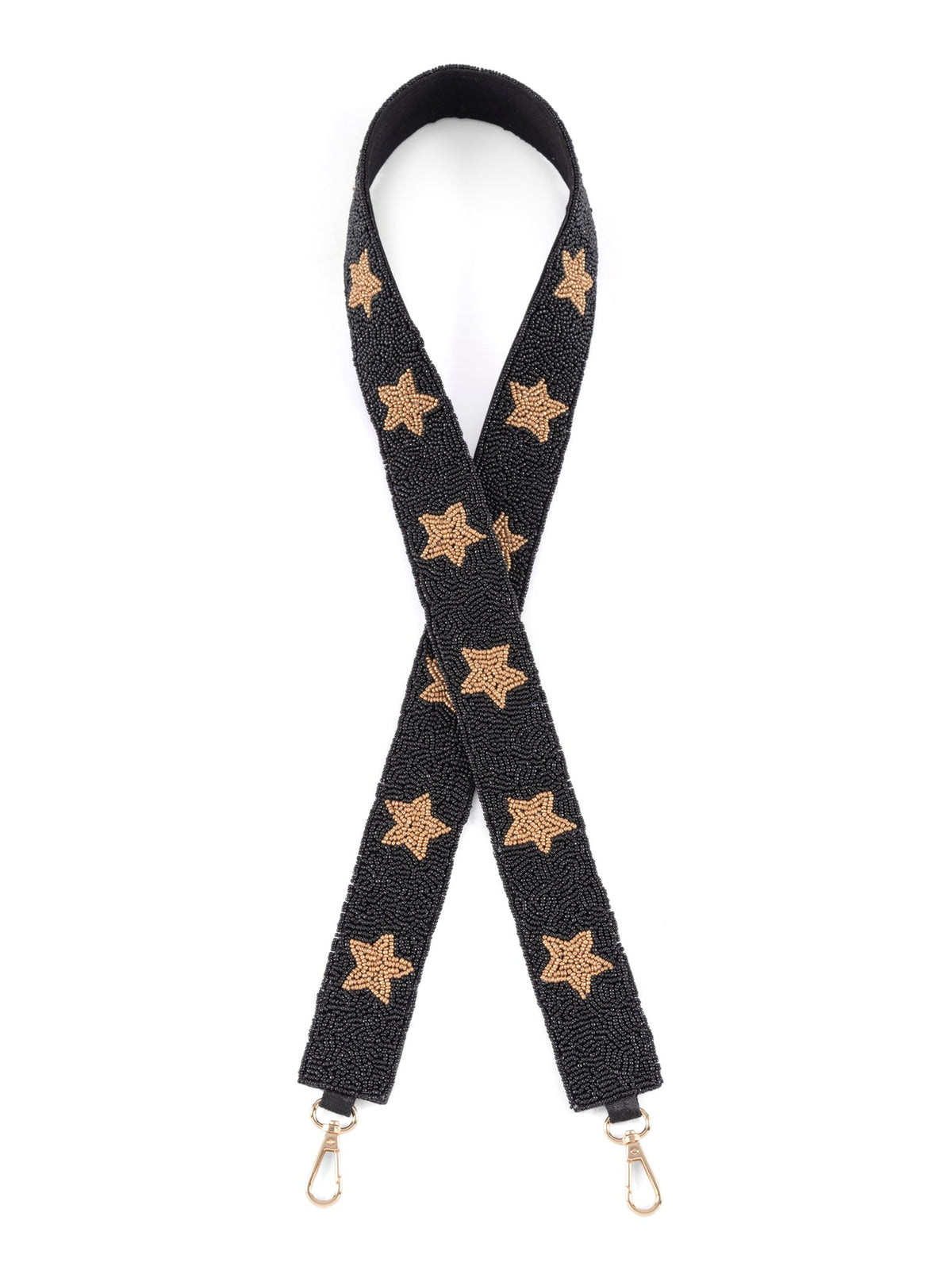 Stars Pattern Beaded Bag Strap, Black, A black beaded strap with gold beaded stars, crossed in a loop with gold-tone clasps at both ends.