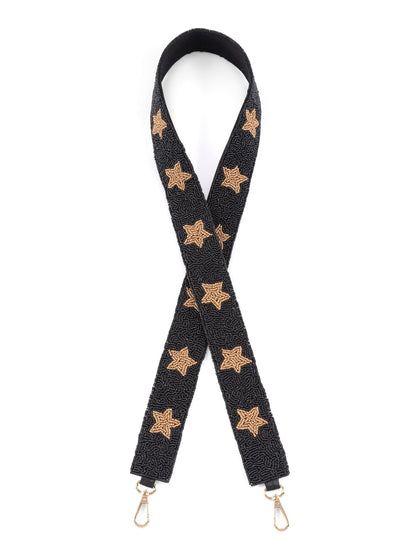 Stars Pattern Beaded Bag Strap, Black, A black beaded strap with gold beaded stars, crossed in a loop with gold-tone clasps at both ends.