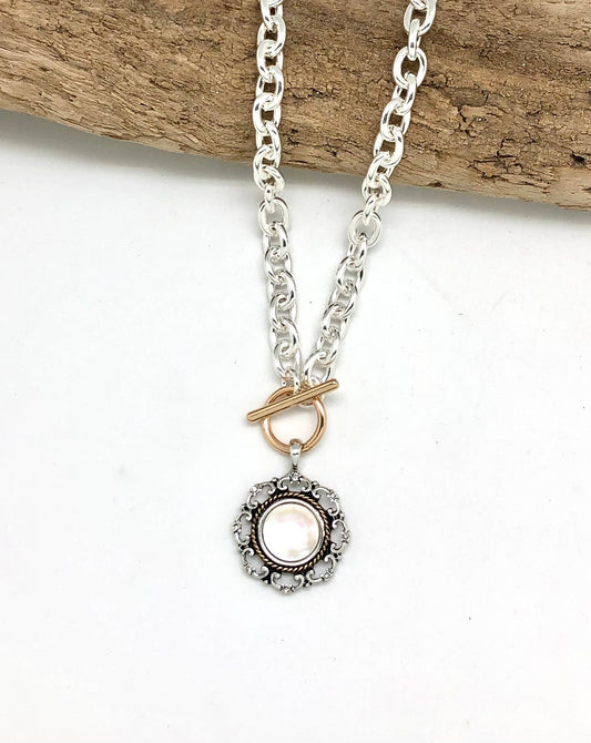 Necklace Alloy Plated Link Chain w/Mille Fiori Drop 18”