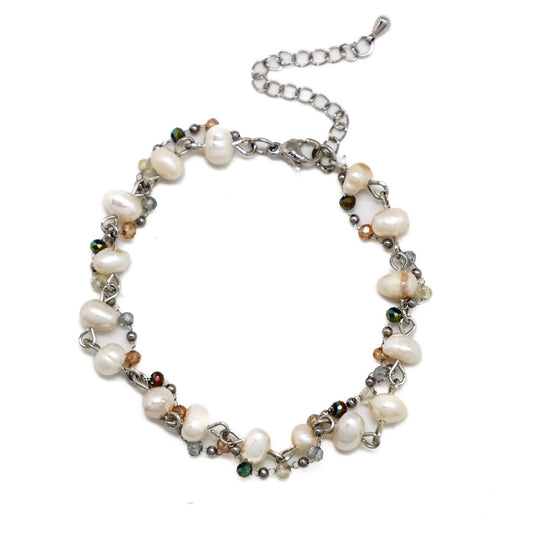 Bracelet Freshwater Pearl Lt Multicolored Glass 7”w/2” extension