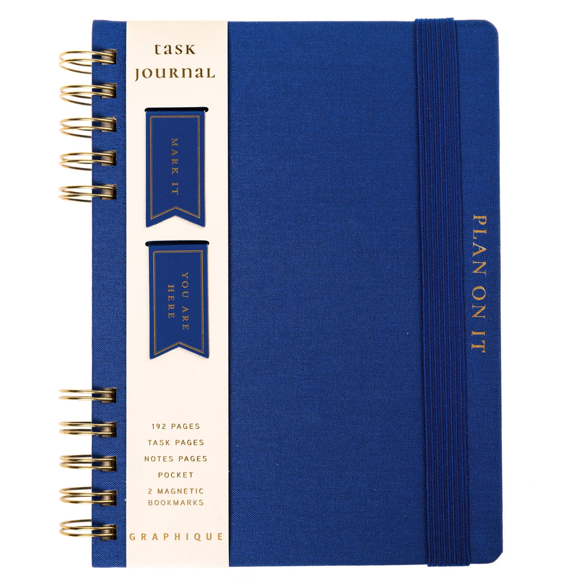 Cobalt Blue Fabric-Bound Task Journal, A cobalt blue fabric-covered task journal with gold twin wire spirals and two navy ribbon bookmark tabs, closed with an elastic band.