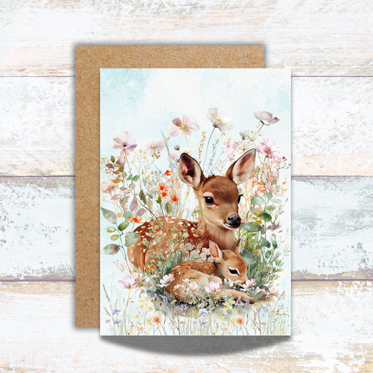 Mother Deer & Fawn in Wildflowers Watercolor Greeting Card