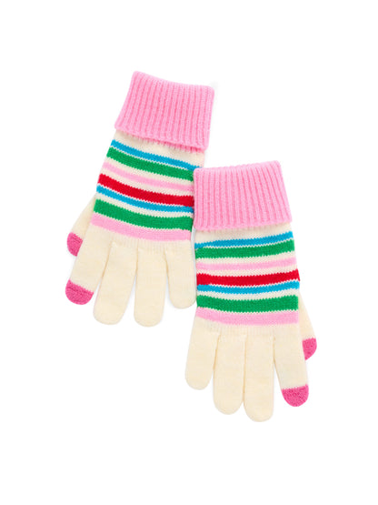 Elle Touchscreen Gloves, Ivory, A pair of cream knit gloves with red, green, blue and pink stripes, deep pink ribbed cuffs and pink fingertips, laid flat on white.