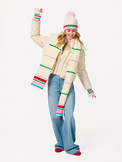 Elle Touchscreen Gloves, Ivory, A pair of cream knit gloves with red, green, blue and pink stripes, deep pink ribbed cuffs and pink fingertips, laid flat on white.