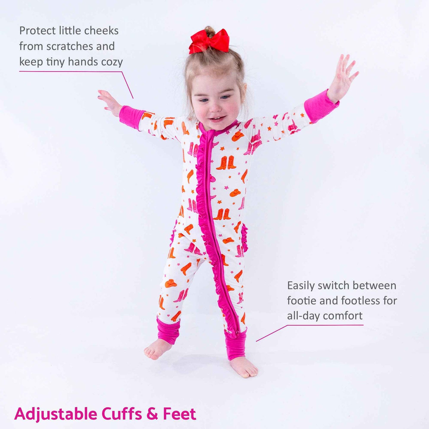 LollyBanks - Bamboo Baby Convertible Ruffle Zipper Pajamas - Cowgirl Boot