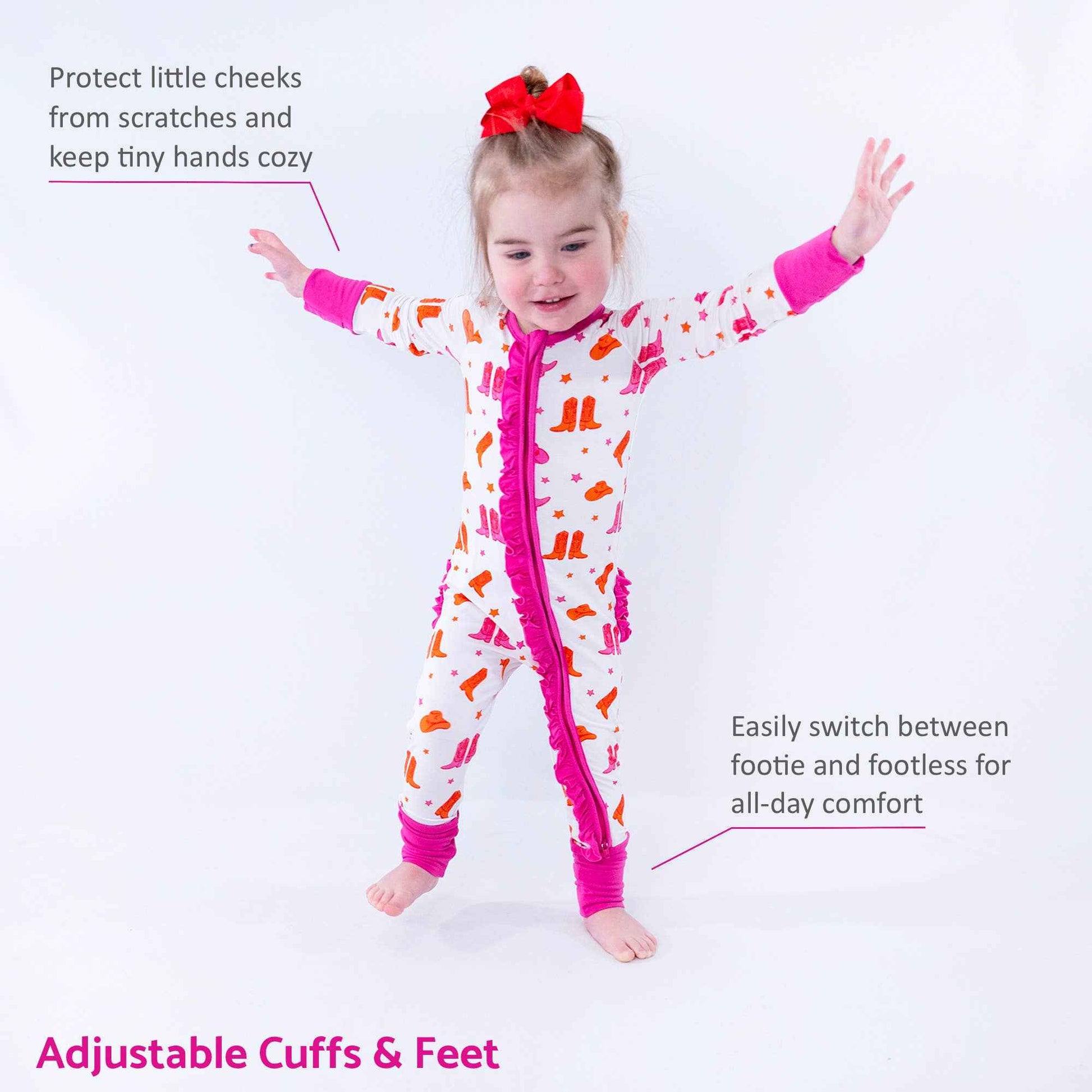 LollyBanks - Bamboo Baby Convertible Ruffle Zipper Pajamas - Cowgirl Boot