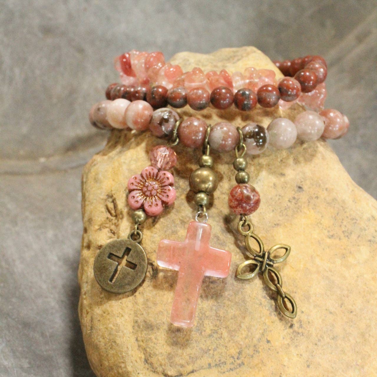 Stone, & Glass Cross Dangle Bracelet Set