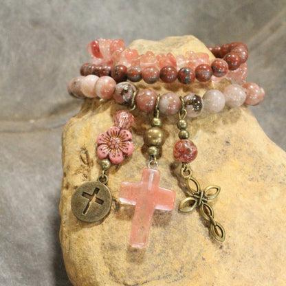 Stone, & Glass Cross Dangle Bracelet Set