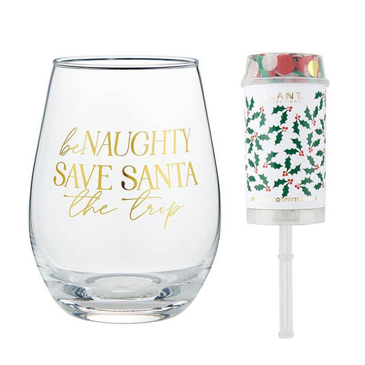 Wineglass & Pop Gift Set Be Naughty Save Santa