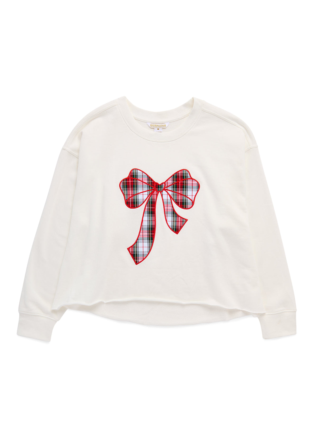 Tartan Bow Lounge Sweatshirt, Ivory, An ivory crew-neck sweatshirt with a large red, green and white plaid bow appliqué outlined in red stitching and a raw-edge hem.