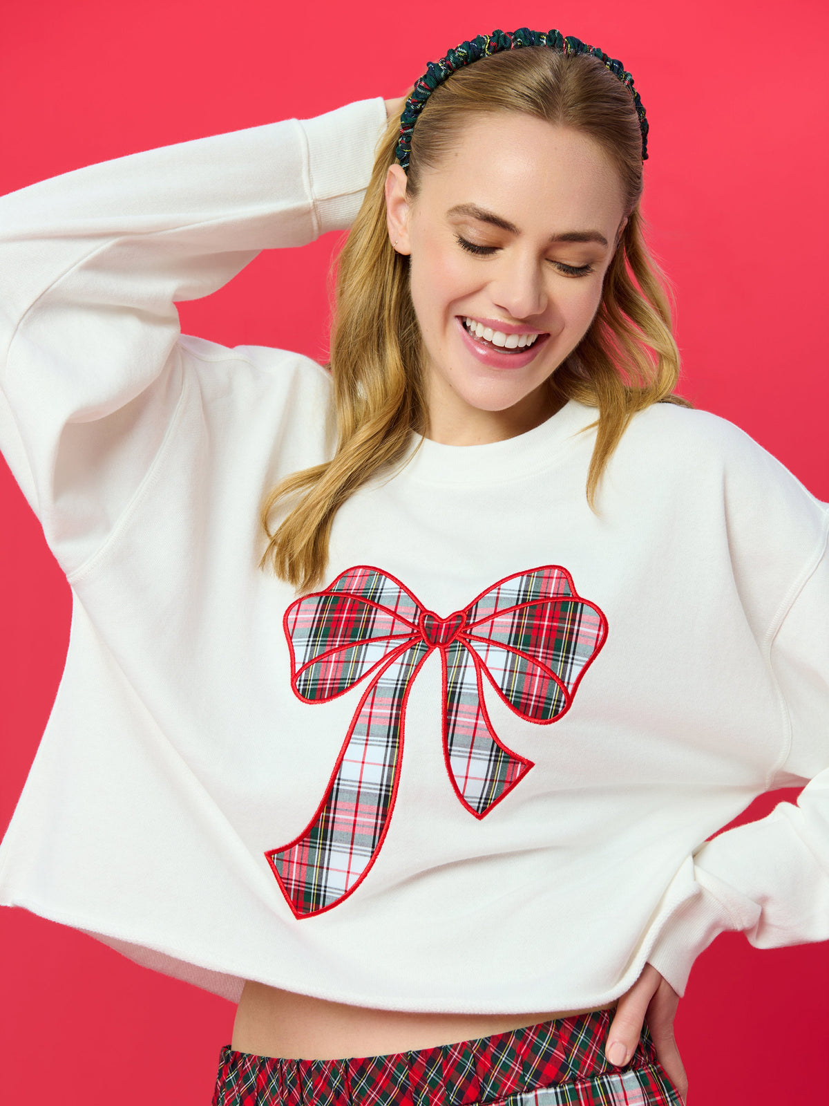 Tartan Bow Lounge Sweatshirt, Ivory, shown in a styled setting