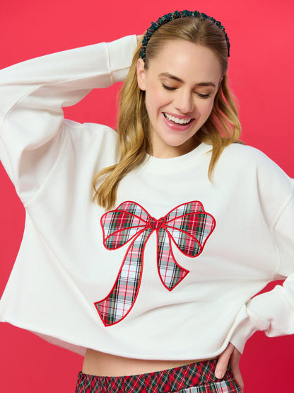Tartan Bow Lounge Sweatshirt, Ivory, shown in a styled setting