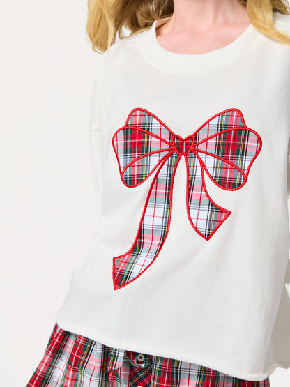 Tartan Bow Lounge Sweatshirt, Ivory, shown in a styled setting