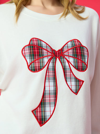 Tartan Bow Lounge Sweatshirt, Ivory, shown in a styled setting
