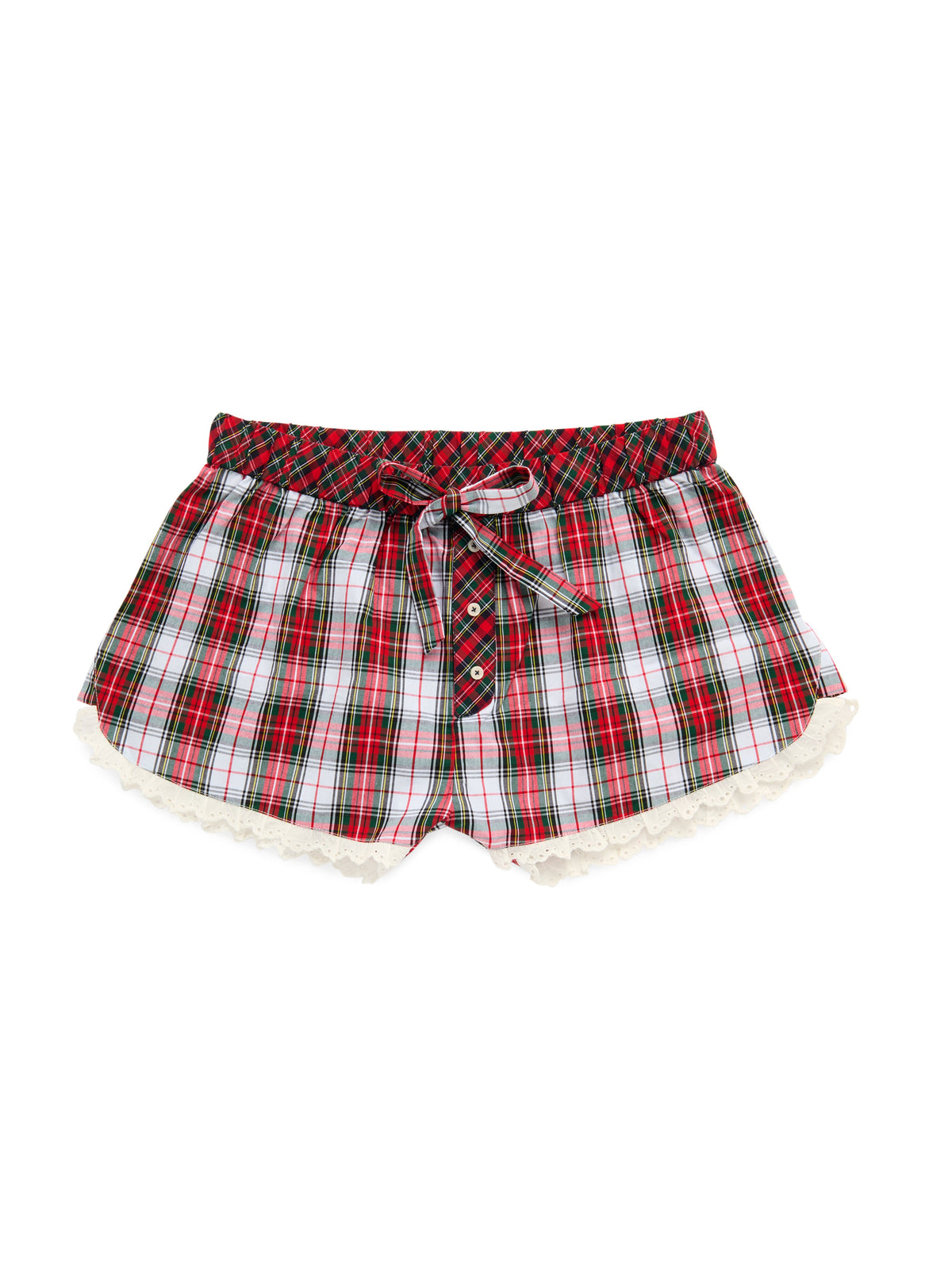 Tartan Boxer Short, Red, Red, green and white plaid boxer shorts with a drawstring bow, a two-button placket and cream scalloped lace trim at the legs.