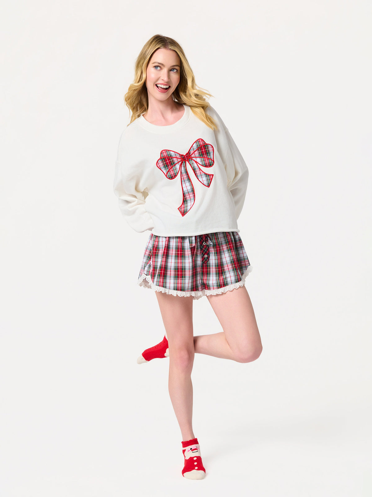 Tartan Boxer Short, Red, Red, green and white plaid boxer shorts with a drawstring bow, a two-button placket and cream scalloped lace trim at the legs.