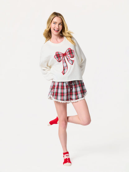Tartan Boxer Short, Red, Red, green and white plaid boxer shorts with a drawstring bow, a two-button placket and cream scalloped lace trim at the legs.