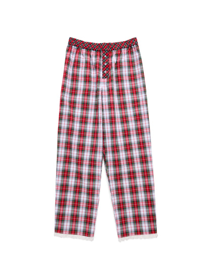 Tartan Boxer Pant, Red, Red, green and white plaid wide-leg pajama pants with a button placket at the waist and cream lace trim at the hems, laid flat.