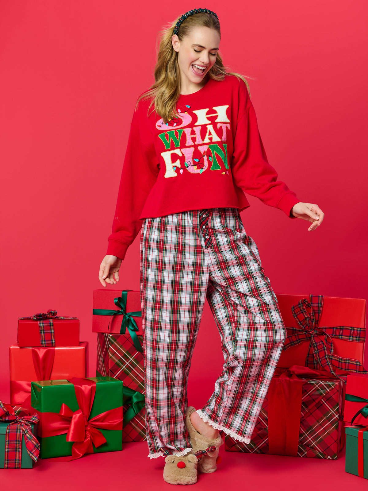 Tartan Boxer Pant, Red, shown in a styled setting
