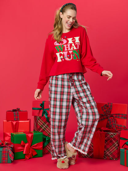 Tartan Boxer Pant, Red, shown in a styled setting